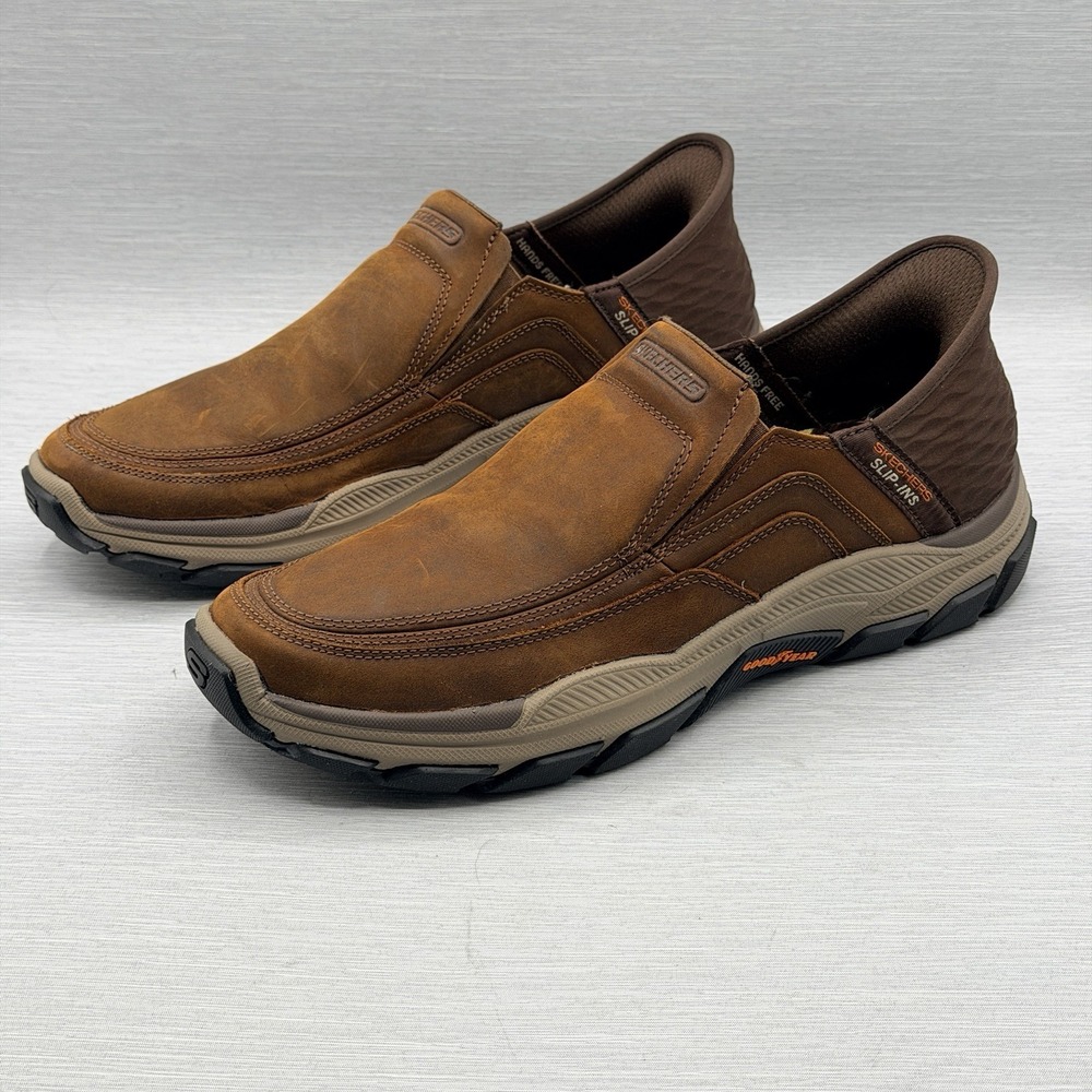 Skechers Slip Ins Men's 11 Loafers Brown Leather Shoes Respected Elgin 204810